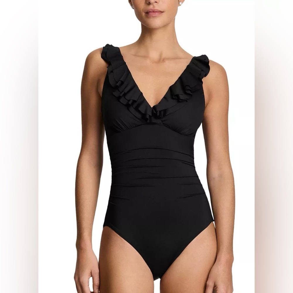 Lauren Ralph Lauren Beach Club Ruffle Surplice One Piece Swimsuit Black 14
